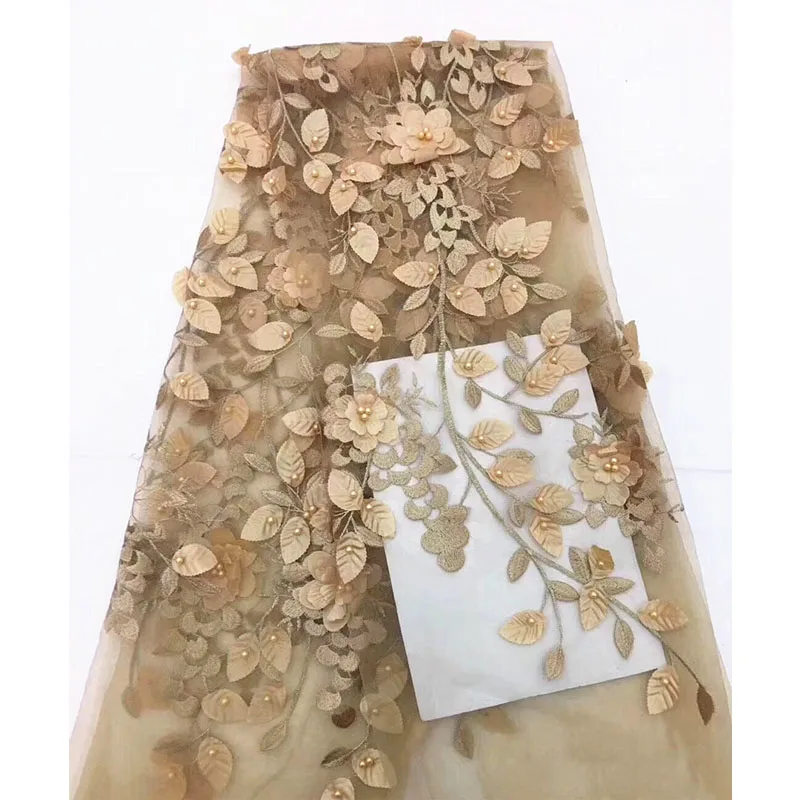 

Beautifical Luxury 3d flower lace embroidered fabric bridal lace fabric wholesale gold beaded lace fabric ML42N08, Can be customized