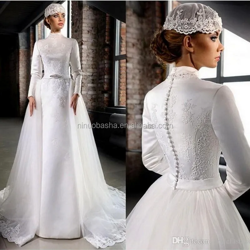 

vestido de noiva High Neck Wedding Dresses Detachable Train Muslim Bridal Dress Long Sleeve Lace Applique A Line Bridal Gown