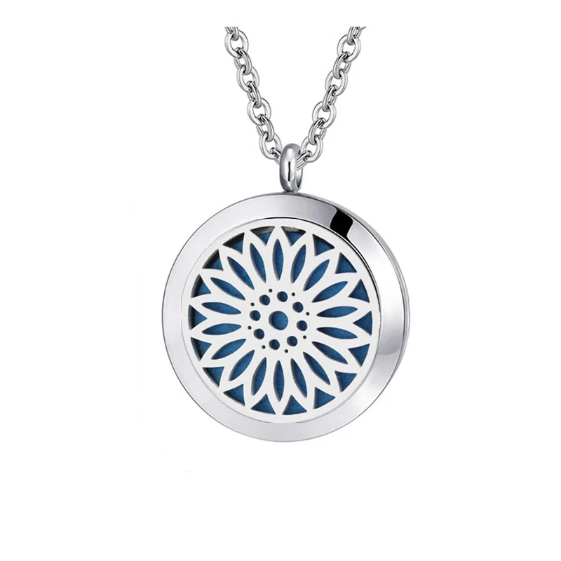 

Wholesale sunflower design 20mm 25mm 30mm aromatherapy jewelry stainless steel essential oil diffuser necklace