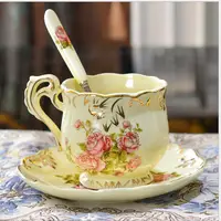 

HT103212 European Hand Carved Ivory Porcelain Coffee Cup And Saucer Fashion Gold Ceramic Afternoon Tea Teacup With Spoon Sets