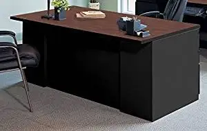 Mayline Desk & Credenza Set Dimensions: Office Desk 72"W X 39"D X 29 1/8" H, Credenza 72"W X 24"D X 29 1/8"H Includes Keyboard & Mouse Platforms 4 Banks Of Drawers - Crown Cherry/Black