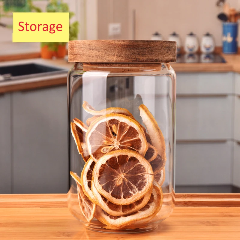 

glass jar glass container with screw wooden lid, Clear