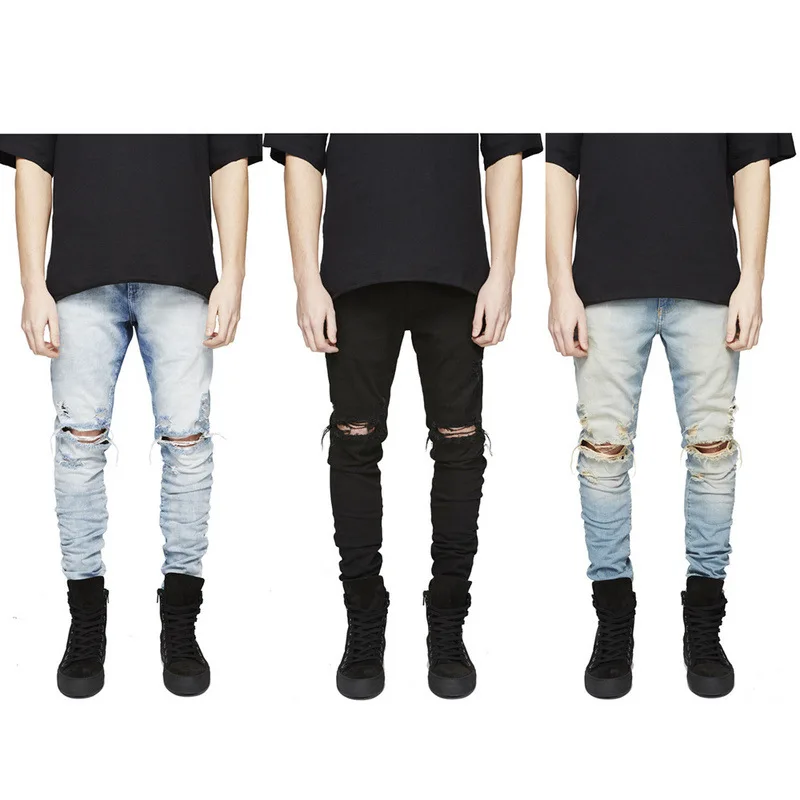 

New Fashion Men Skinny Jeans Rip Slim Fit Denim Frayed Biker Scratched Hollow Out Long Jeans Trousers, Blue/black