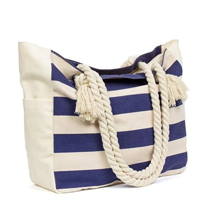Custom Printed Summer Rope Handle Striped Canvas Beach Tote Bag - Buy ...