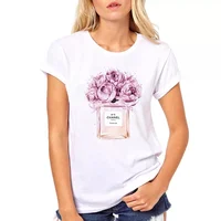 

2019 Summer Tops Women Flower Perfume t shirt camisetas mujer Fashion Ladies O-neck Short Sleeve tops White high quality t-shirt