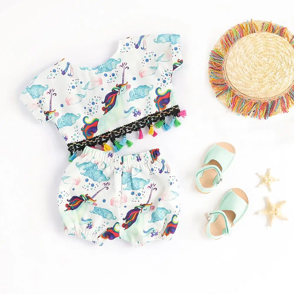 

2019 Summer Girls Cute Unicorn Print Short Sleeve and Shorts Set, Picture