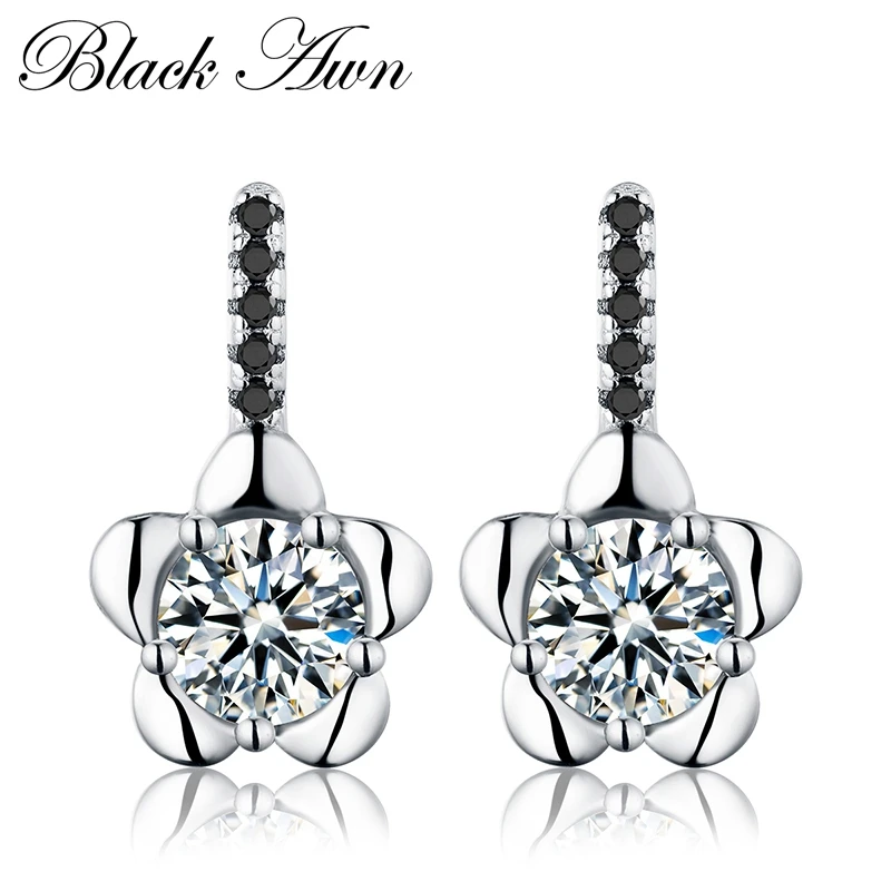 

[BLACK AWN] Flower Genuine 2g 925 Sterling Silver Jewelry Timeline Black Stone Engagement Stud Earrings for Women T077