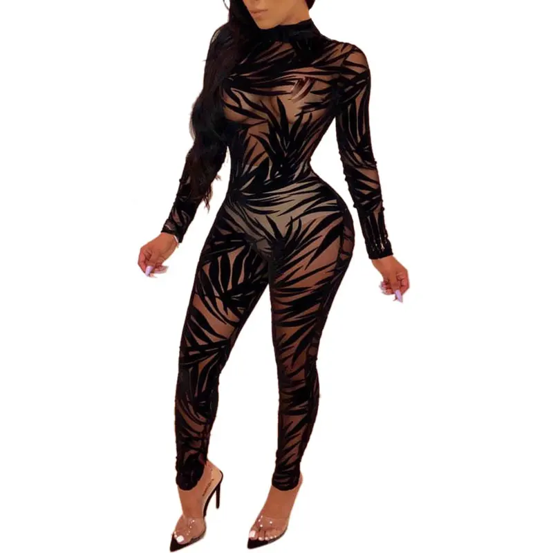 

81126-MX40 black grenadine transparent women club wear jumpsuits