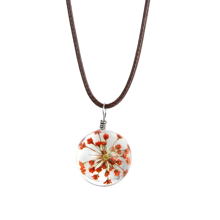 

Delicate Dried Flower Dandelion Lucky Leaf Glass Ball Strip Leather Rope Chain Pendant Choker Necklace Jewelry, Red green white yellow