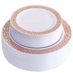 Image of 102 pcs Rose gold Disposable Plastic Dinnerware Set