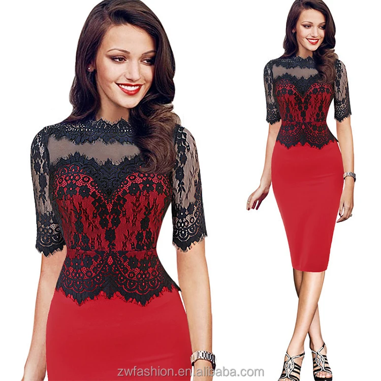 

Ladies Lace Patchwork Pencil Career Professional Dress, Red;pink;dark green