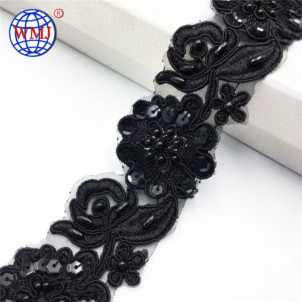 

Online black 1.5 Inch Organza embroidered beaded sequins flower lace trim for evening dress, Can be customized