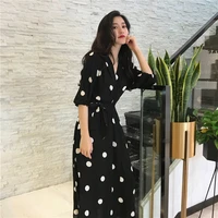 

Summer Korean Style V-neck Half Sleeve Dot Long Dress For Ladies