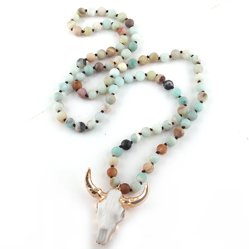 

Fashion Bohemian Jewelry Amazonite Stone Knotted Horn Pendant Necklace For Women Beaded Necklace, 2 color