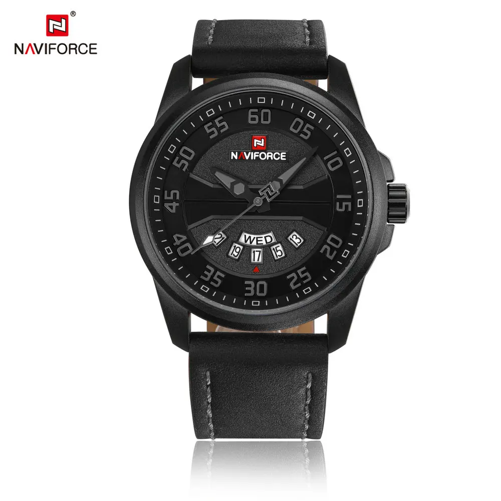 

Naviforce Watch Men 9124 Luxury Brand Leather Strap Men Quartz Analog Wristwatch Fashion 3 ATM Waterproof Watches Men, 5 color for choice