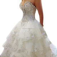 

LL004 Free Custom Luxury Ivory Rhinestone Beaded Appliques Sweetheart Ball Gown Tiered Chapel Train Crystal Wedding Dress