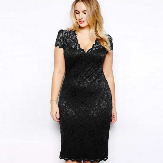 
Plus Big Large Size 5XL Vestidos Scalloped V-neck Lace Career Office Ladies Midi Party Dress 