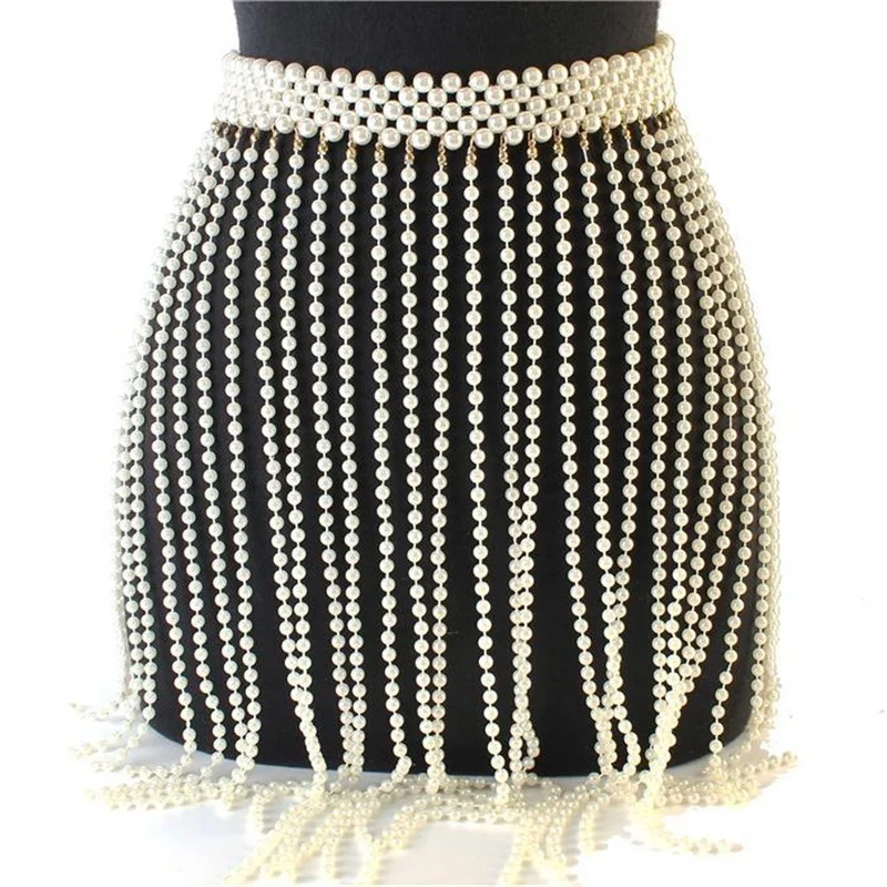 

B50766A Newest design women sexy pearl body chain skirt, White