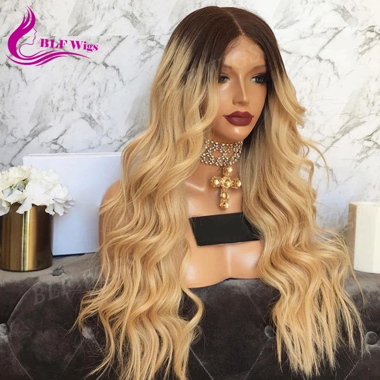4 27 Human Hair Ombre Wig Pre Plucked Brazilian Curly Blonde Lace Front Wig with Dark Roots