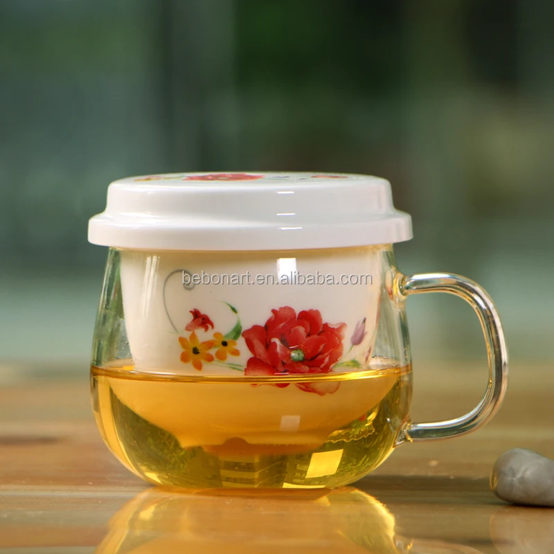 

350ml Borosilicate Tea Glass Cup Ceramic Tea Cup With Infuser and Lid, Any pms colour is accepted