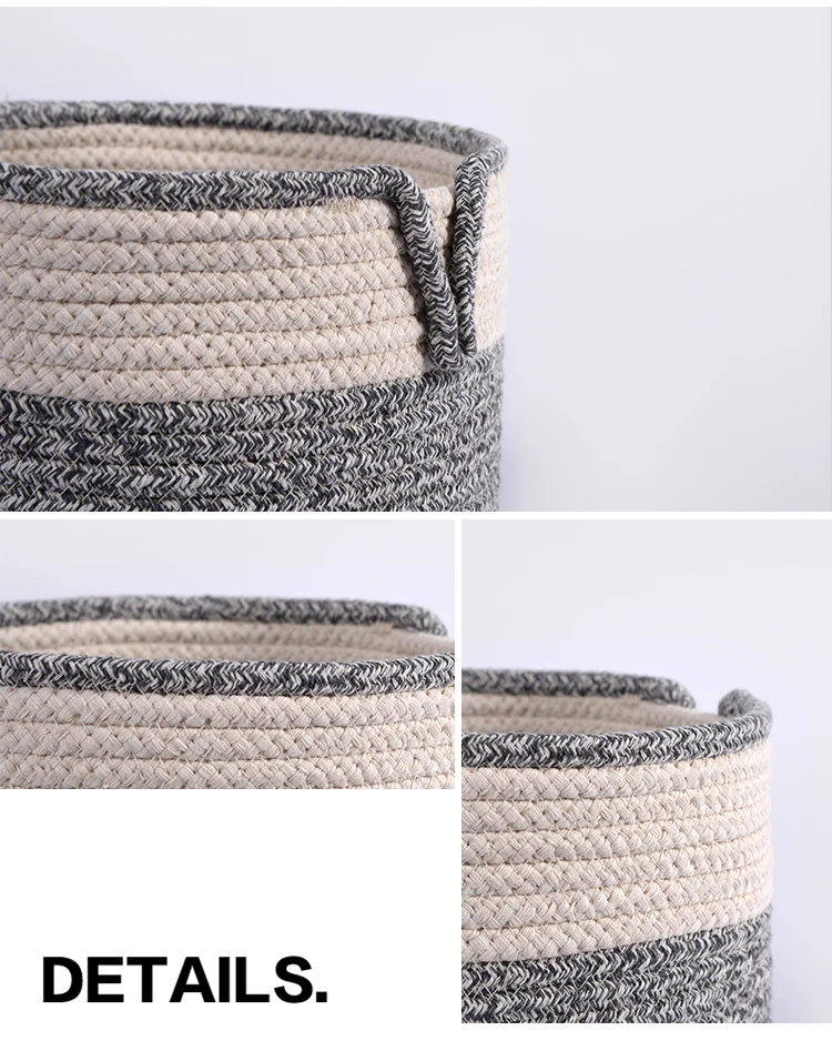 Wholesale handmade design decorative small woven grey cotton rope baskets for laundry plants storage
