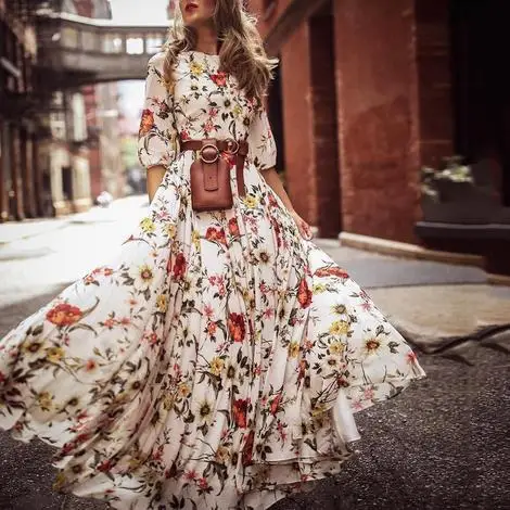 Europe 2019 Bohemian  Full long Fashion hot exotic bohemian large swing elegant  dresses floral print  maxi dress woman