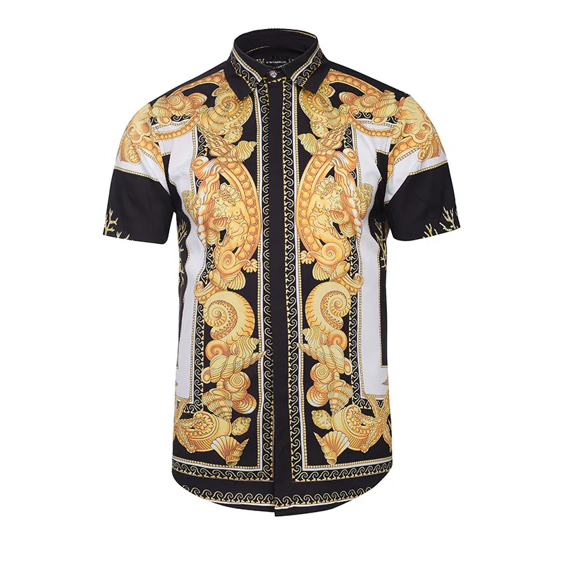 

A3962 gold dragon floral men's white short-sleeved shirt fashion youth men's shirt