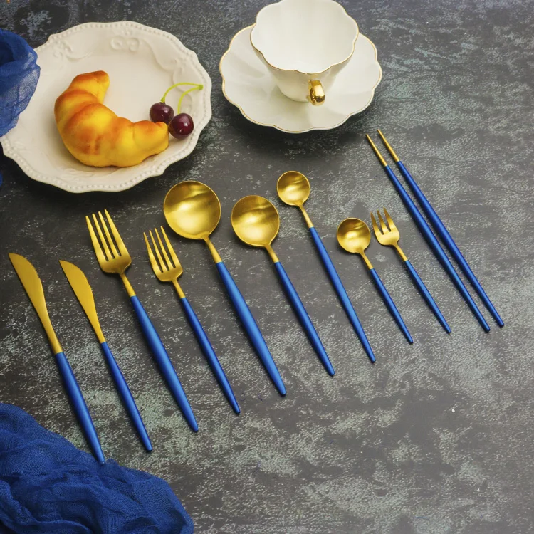 

High End Bulk Stainless Steel Matte Blue Gold Flatware, Gold plated+blue handle