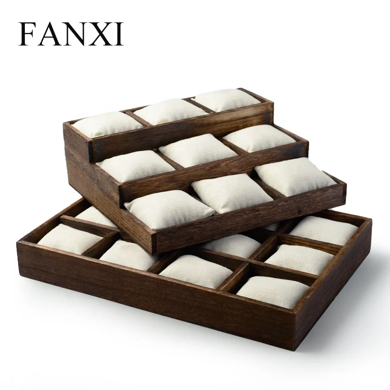 

FANXI factory wholesale custom logo wooden wrist watch display stand rack, Raw wood or customized color for wood tray with pillow