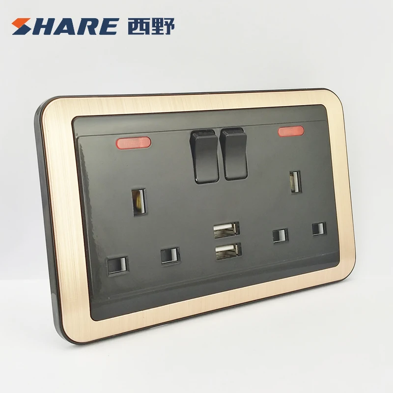Factory Price Black Color 3 Pin UK Plug Twin 13A Switched Socket with Neon And 2 USB For Home