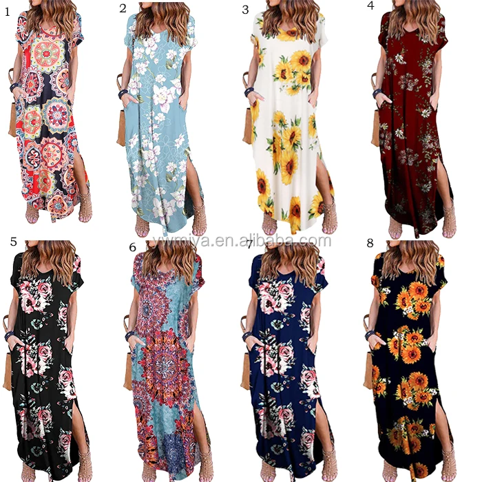 

St-006 2019 latest fashion summer bohemia floral print maxi long dress wholesale women lady short sleeve loose dresses casual, Picture show