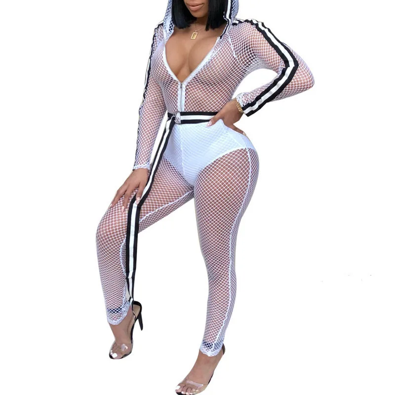 

80723-MX100 see through V-neck sexy women bodycon club jumpsuits