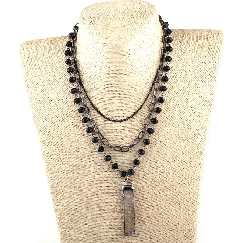 Fashion 3 Layer Strand Multiple Necklace Black Crystal Rosary Link & Chain Long Irregular White Druzy Pendant Necklace