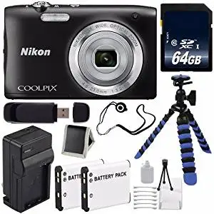 Nikon COOLPIX S2900 Digital Camera (Black) International Model No Warranty + EN-EL19 Replacement Lithium Ion Battery + External Rapid Charger + 64GB SDXC Class 10 Memory Card + 12-Inch Flexible Tripod with Gripping Rubber Legs + SD Card USB Reader + Memory Card Wallet + Lens Cap Keeper + Deluxe
