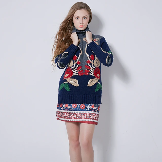 

Women's Long Sleeve Embroidery Pullover Turtleneck Winter Sweater