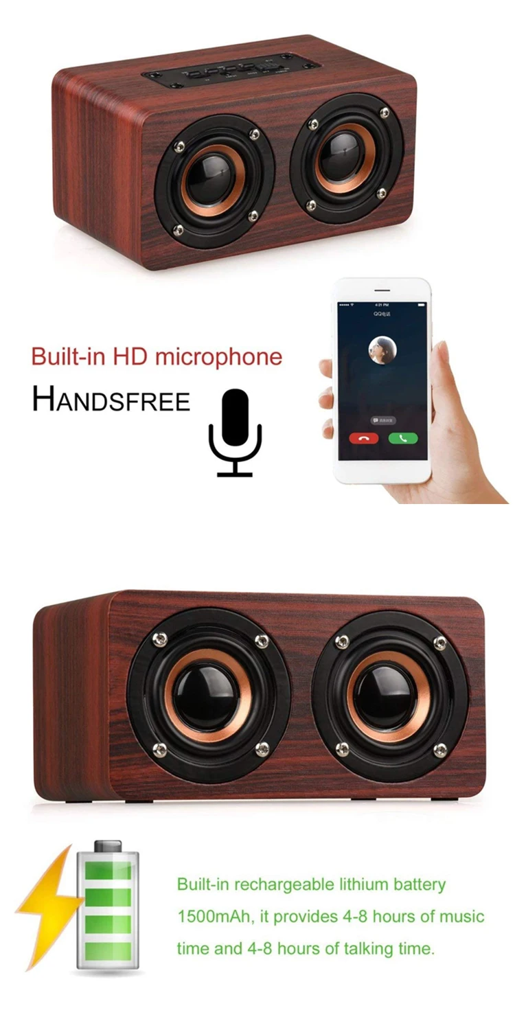 Portable HiFi Shock Bass 10W Dual Driver Bluetooth Speakers Support TF Card AUX Wood Wireless Speaker - ANKUX.COM