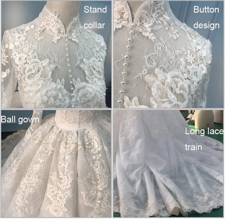 High collar lace patch 150 cm train muslim bridal wedding dress/high collar wedding dress/lace patch wedding dress/muslim bridal wedding dress