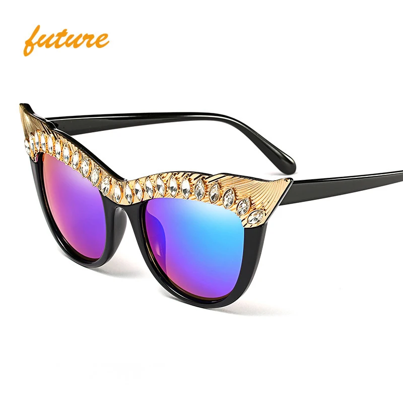 

Sexy Cateye Sunglasses Women Brand Designer Luxury Crystal Sun Glasses Rhinestone Fashion Shades F95001, Black;leopard;gold;blue;brown;grey