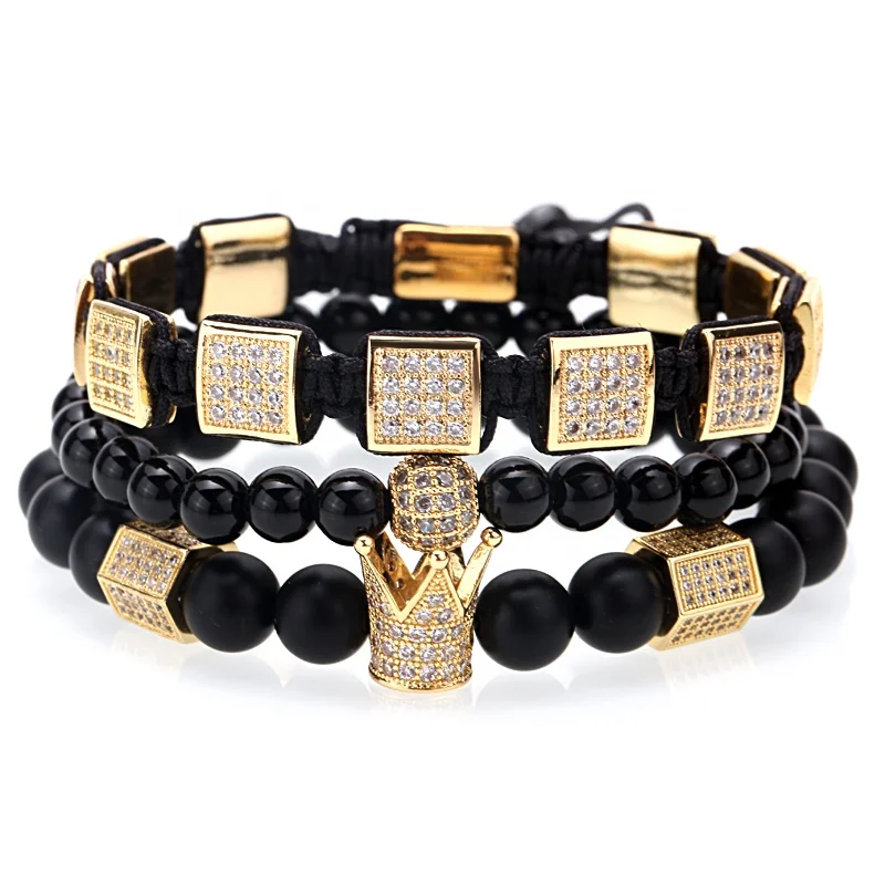Mcllroy men jewelry 8mm natural agate stone beads crown bracelet copper inlaid zircon braid bracelets wave bracelet
