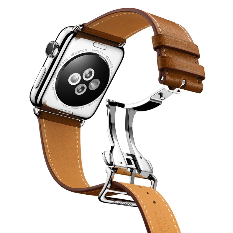 

Fashion Deployment Butterfly Buckle Genuine Leather Strap For Apple Watch 42mm 38mm, 10 colors