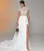 2019 Lace Appliqued Plus Size Wedding Dress with Side Slit A Line Chiffon Short Sleeves High Neck Bridal Gown