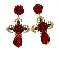 

Baroque New Design Women Jewelry Rose Flower Cross Dangle Earrings Stylish Gold Plated Crystal Cross Rose Flower Drop Earrings