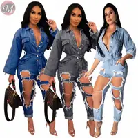 

9052524 queenmoen hot sale women button up long sleeve ripped washed denim jumpsuit