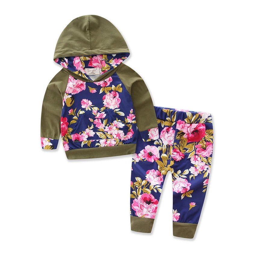 

Newborn Baby Boy Girl Floral Clothes Long Sleeve Hooded Tops+Floral Long Pants Leggings 2pcs Outfits Set, Army green