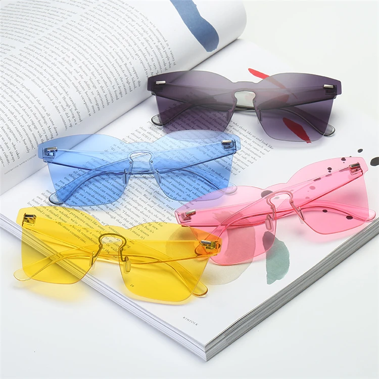 

2019 fashion rimless colored sunglasses with PC temple UV400 PC lenses for women summer driving tourism