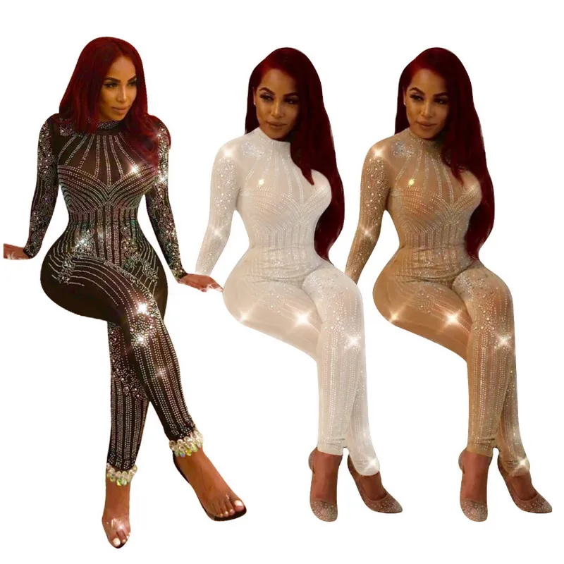 

2019 Unique Amazon Hot Drilling New Mesh Jumpsuit Bodysuit One Piece Sequin Thin Long Tight Clothes, As pictures