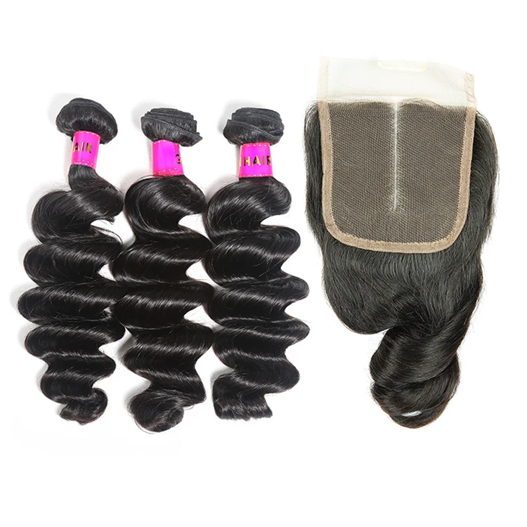 

XBL Free Shipping Loose Wave Remy Human Hair Weave Bundles with Lace Closure Natural Black 1/3 PCS 10-26 Inch with Closure
