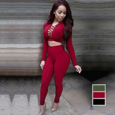 

Customized Women Long Sleeve Lace Up Two Pieces Set Sexy Clubwear, Black;red;army green