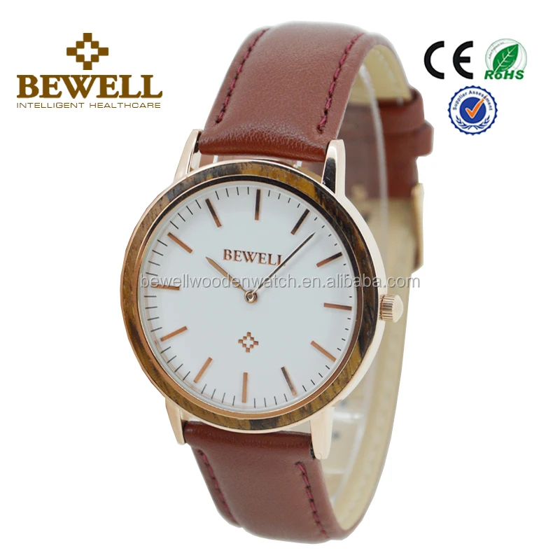 

BEWELL brand vogue watches zinc alloy wooden bezel genuine leather red watch strap