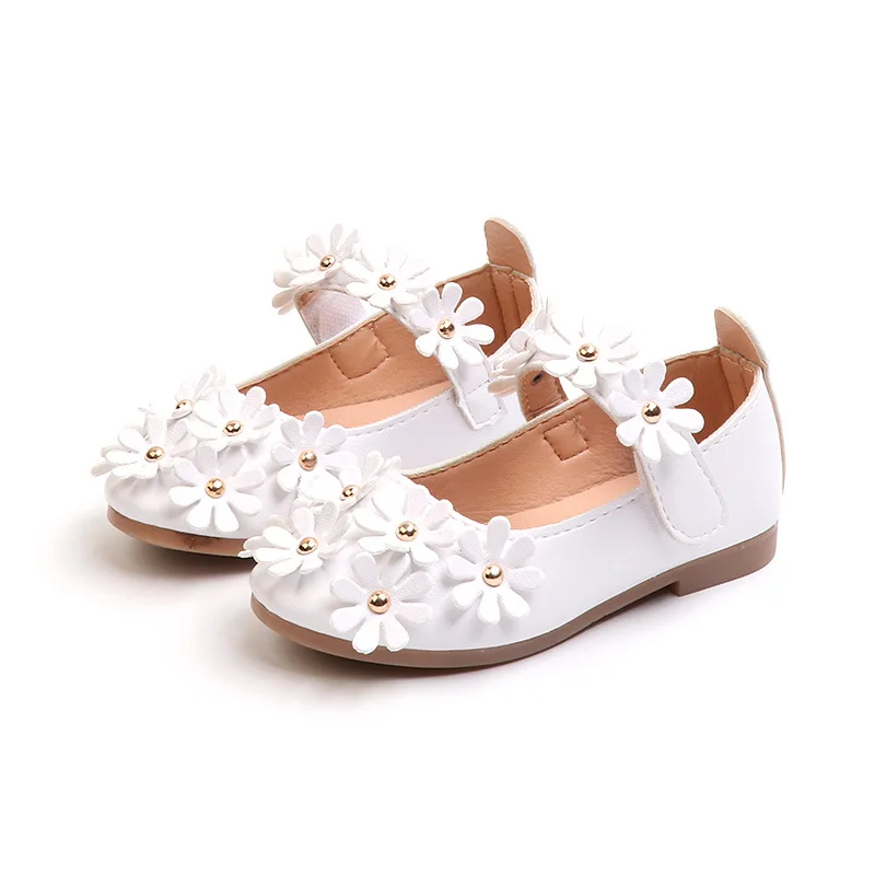 

Fashion soft PU princess flower kids girl shoes, White/black/pink